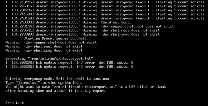 AnyBackup-Linux 7.0 版本操作系统执行恢复后，系统进入紧急模式，提示信息：Warning_  _dev_mapper_rhel-root do